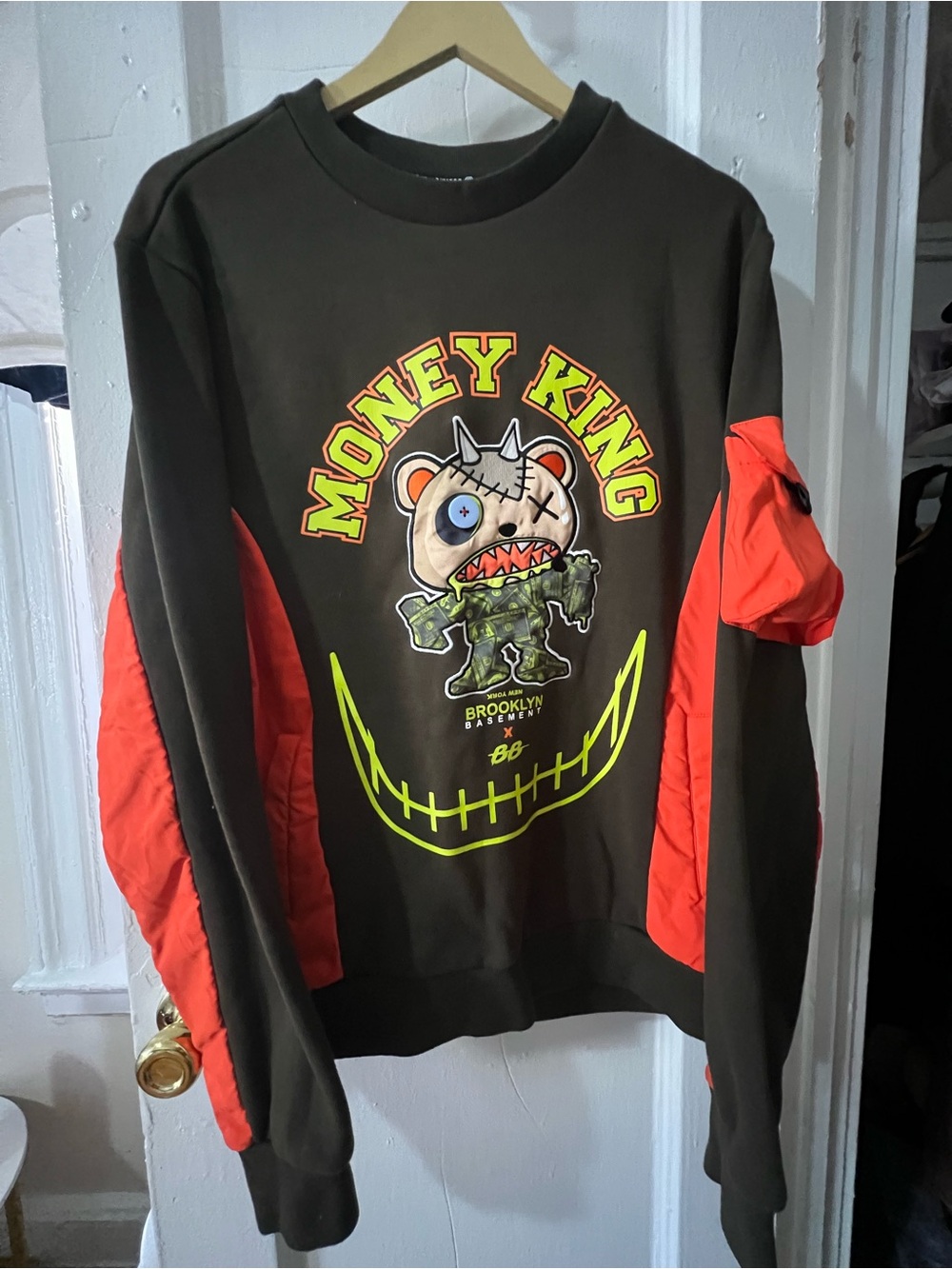 Money King Kids Graphic Sweatshirt - Dark Green with Orange Panels